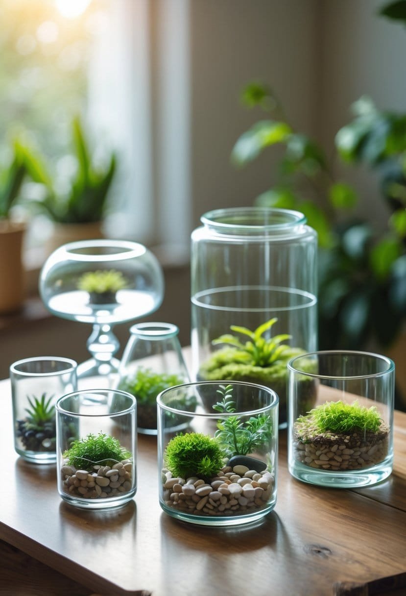 Various clear glass containers for terrariums displayed on a wooden table, some filled with small plants and moss.