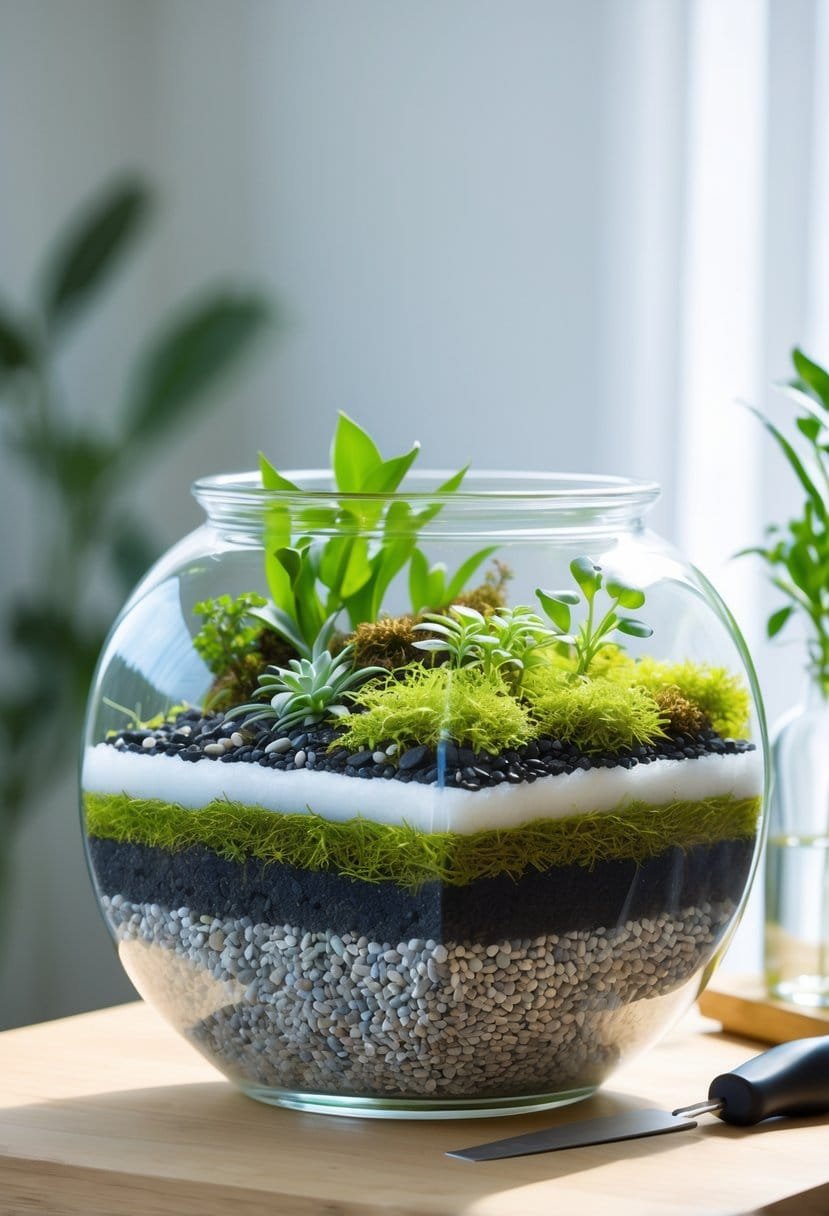 A clear glass terrarium showing distinct layers of pebbles, charcoal, moss, soil, and green plants inside.