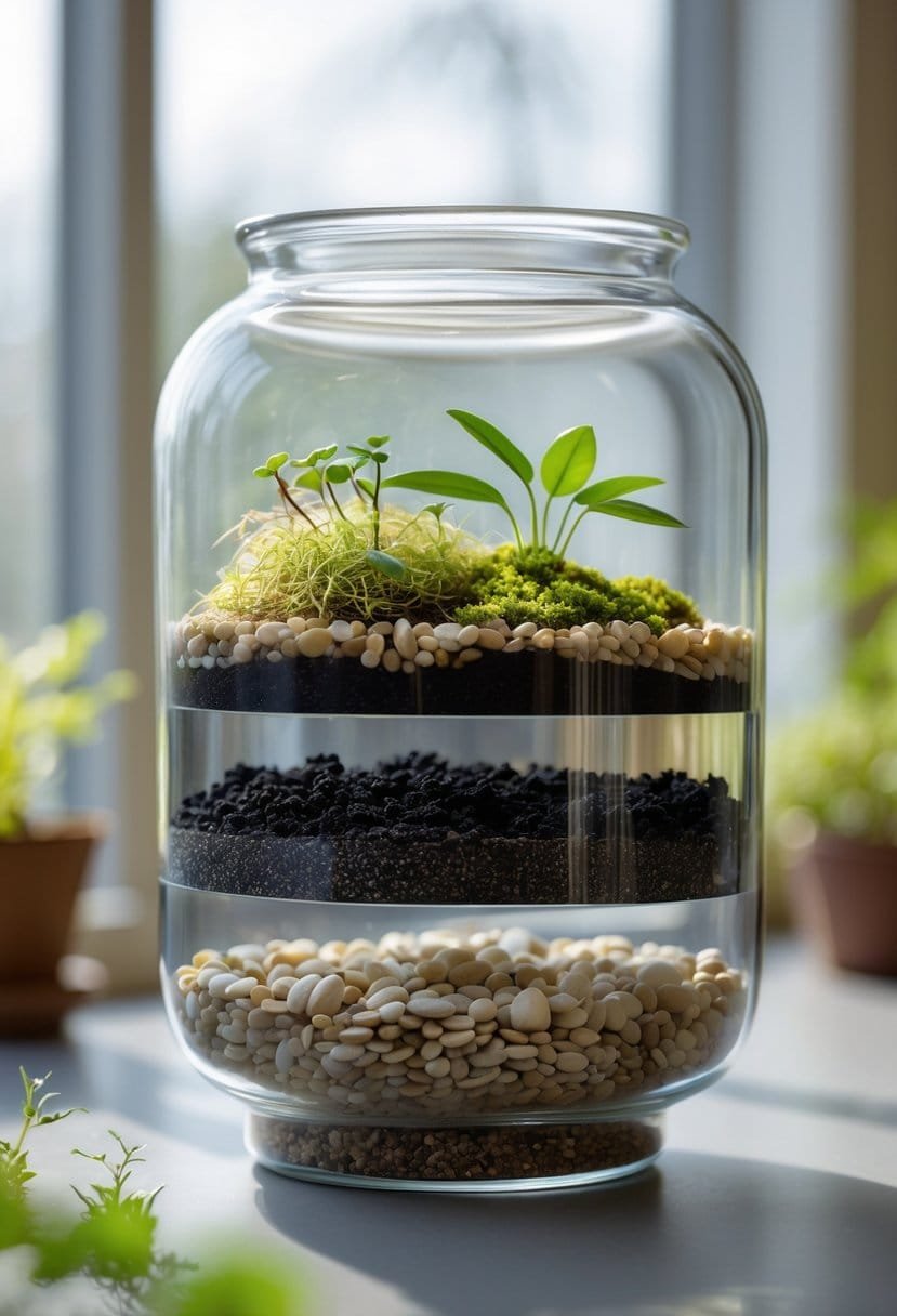 Close-up view of a glass terrarium showing distinct layers of pebbles, charcoal, soil, moss, and small plants inside.