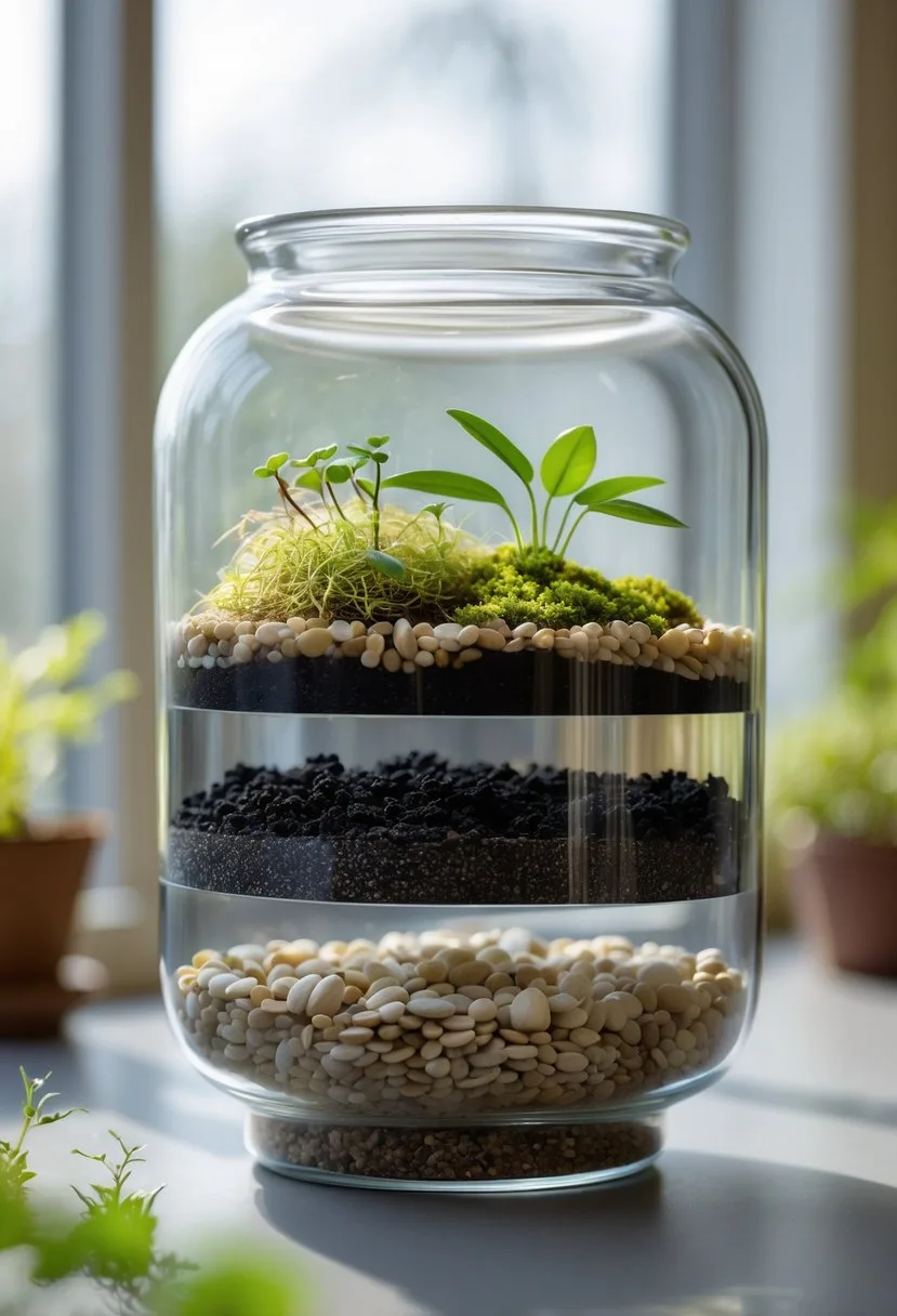 Close-up view of a glass terrarium showing distinct layers of pebbles, charcoal, soil, moss, and small plants inside.