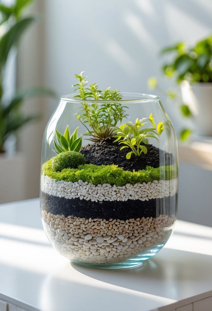 A clear glass terrarium container showing distinct layers of pebbles, charcoal, soil, and green plants inside.