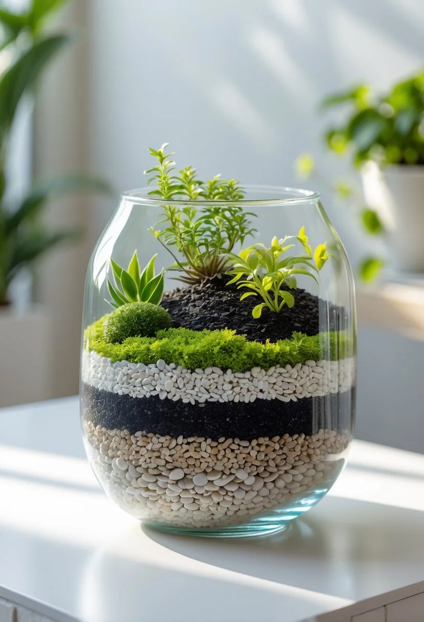 A clear glass terrarium container showing distinct layers of pebbles, charcoal, soil, and green plants inside.