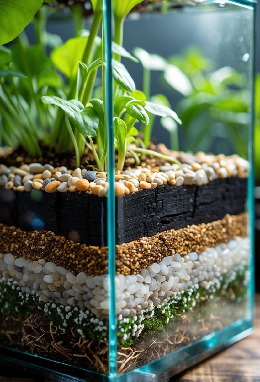 Close-up view of a terrarium cross-section showing layers of pebbles, charcoal, soil, and green plants with visible roots.