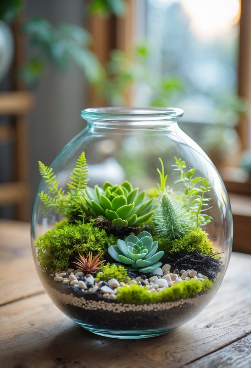 A glass terrarium containing moss, succulents, and small plants arranged on soil and pebbles, placed on a wooden table near a window with daylight.
