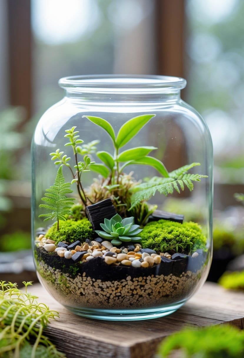 A glass terrarium containing a miniature ecosystem with moss, small plants, and layers of soil and pebbles.