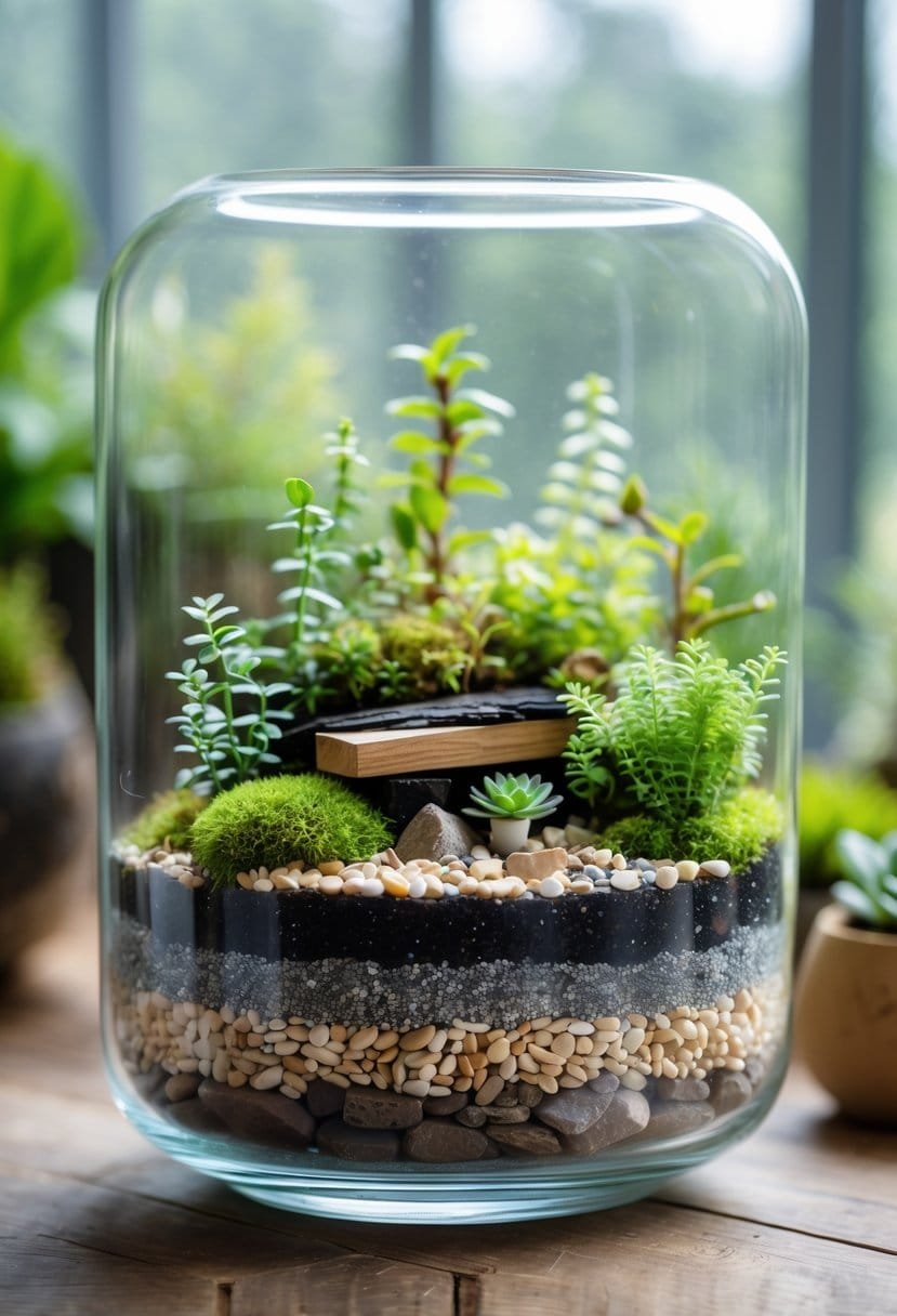 A clear glass terrarium showing layered soil, pebbles, charcoal, and various small green plants inside.