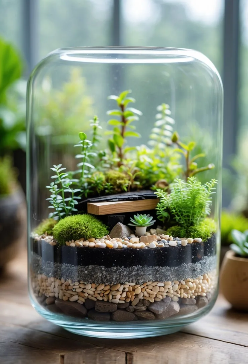 A clear glass terrarium showing layered soil, pebbles, charcoal, and various small green plants inside.