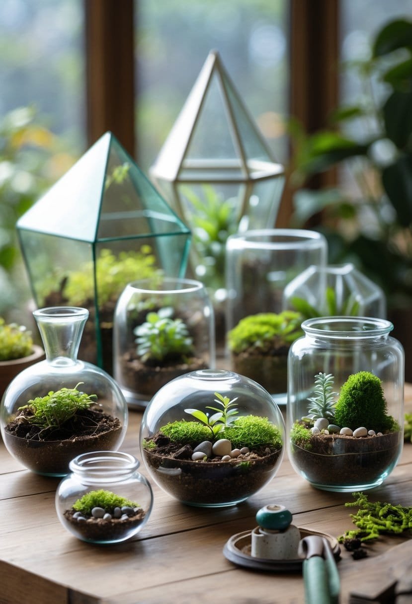 Various clear glass containers with soil, plants, and miniature decorations arranged on a wooden table.