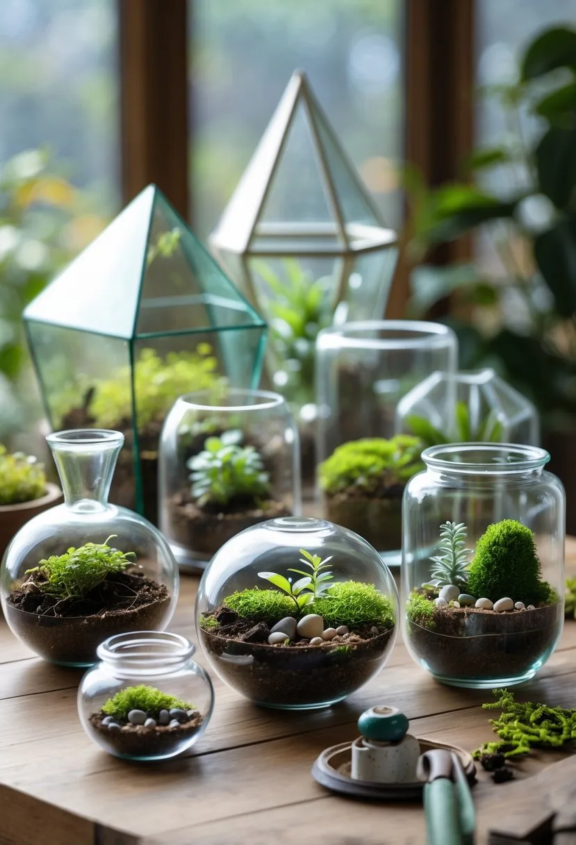 Various clear glass containers with soil, plants, and miniature decorations arranged on a wooden table.