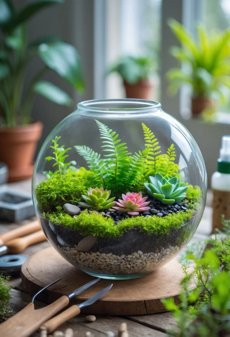 A glass fishbowl being transformed into a terrarium with soil, pebbles, moss, and small plants on a wooden table with gardening tools nearby.