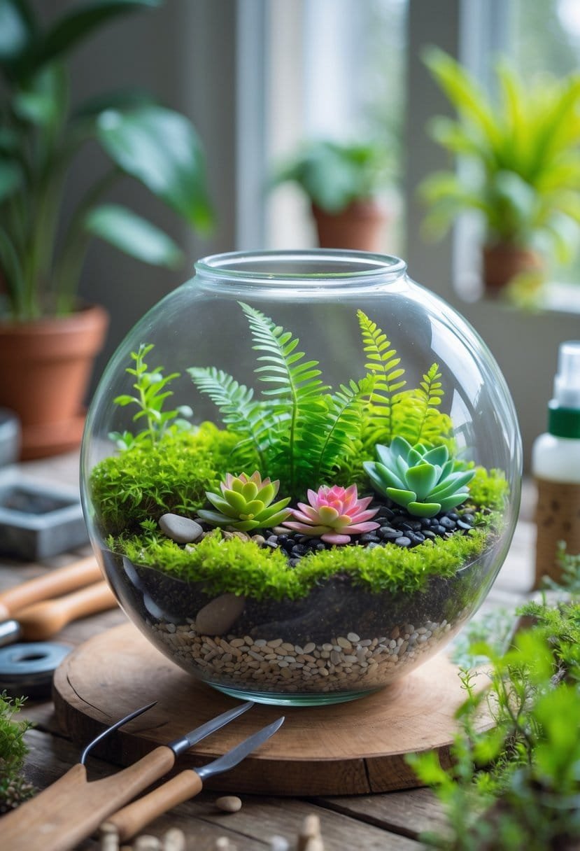 A glass fishbowl being transformed into a terrarium with soil, pebbles, moss, and small plants on a wooden table with gardening tools nearby.