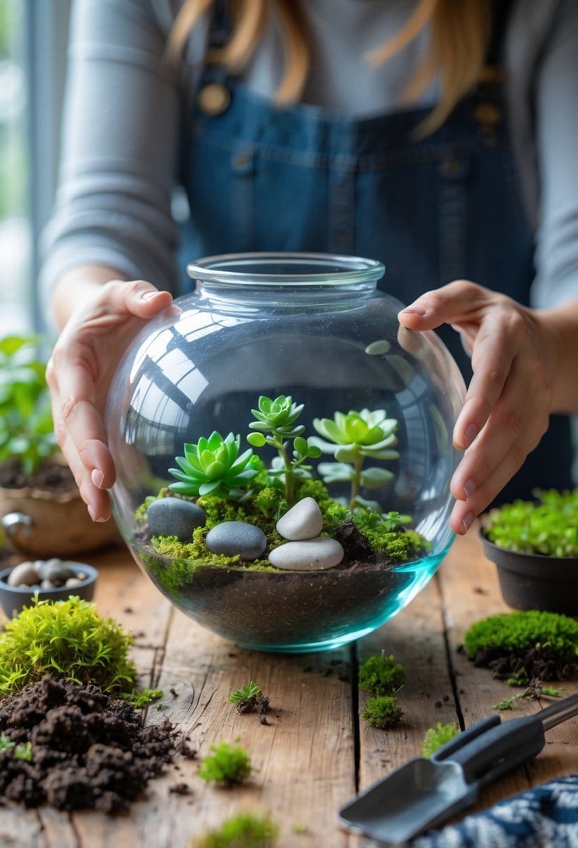 Hands examining a glass fishbowl on a table surrounded by plants, soil, stones, and gardening tools.