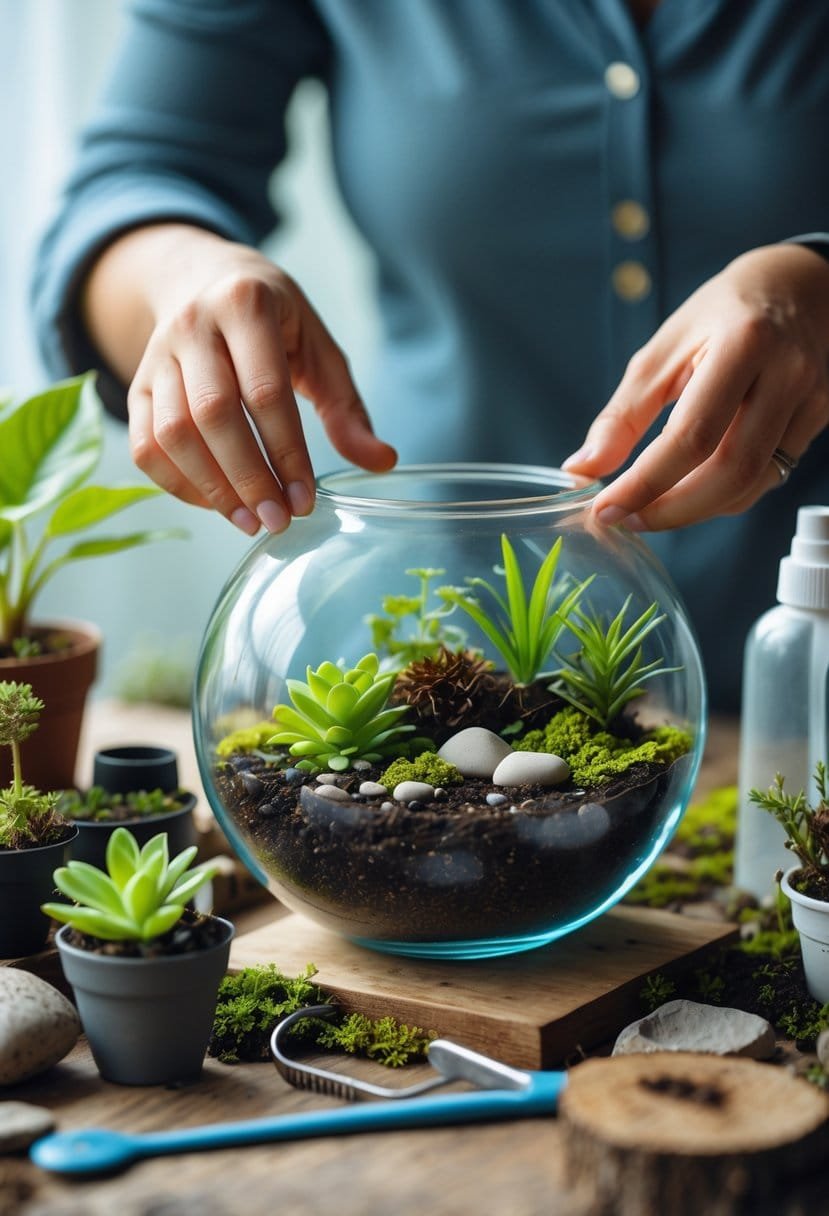 Hands selecting materials and tools on a wooden table to create a terrarium inside a clear glass fishbowl, surrounded by plants and gardening supplies.