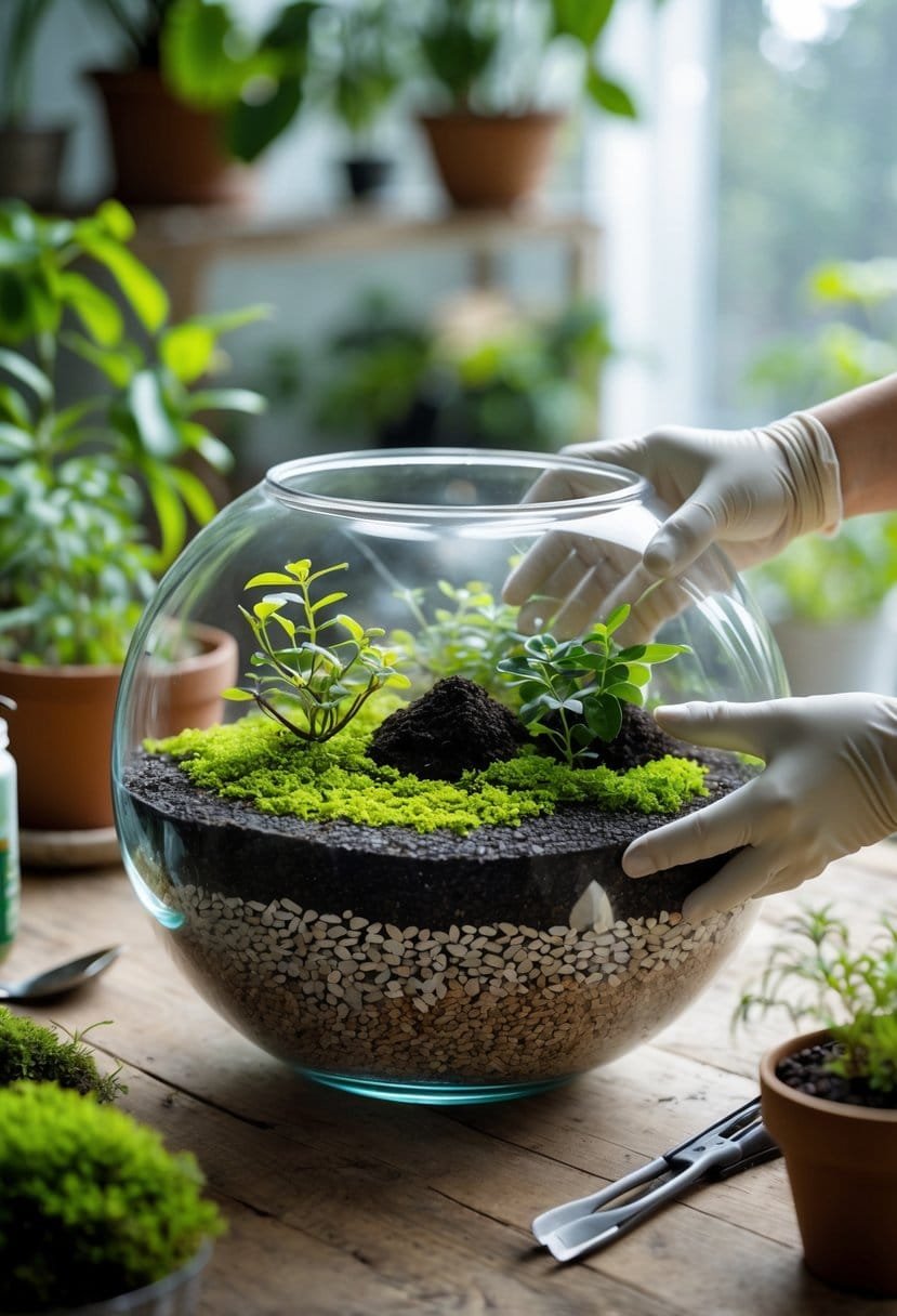 Hands assembling layers of pebbles, charcoal, soil, and plants inside a clear fishbowl to create a terrarium on a wooden table.
