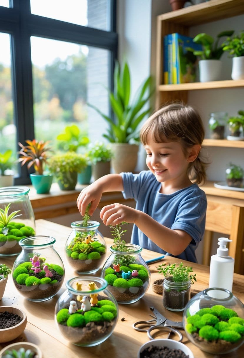 A child arranging plants and decorations inside a small glass terrarium on a wooden table surrounded by gardening tools and natural light.