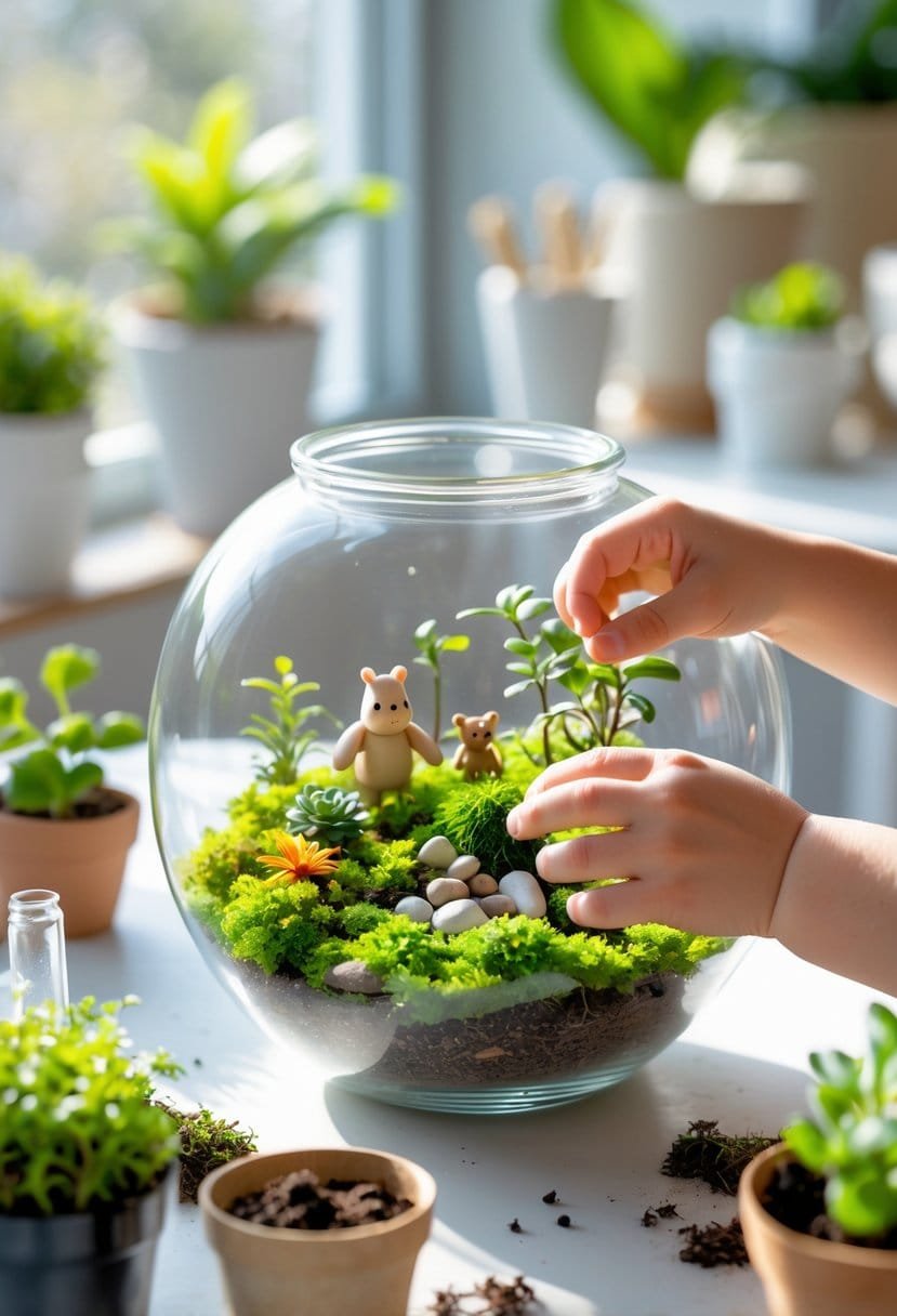 A child’s hands arranging plants and decorations inside a glass terrarium on a well-lit workspace with gardening supplies nearby.