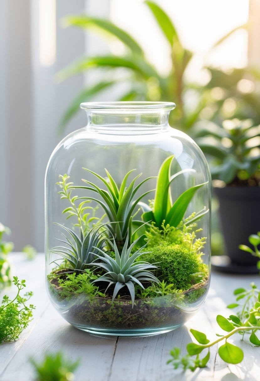A clear glass terrarium containing small succulents, air plants, moss, and miniature ferns on a wooden surface with soft natural light.