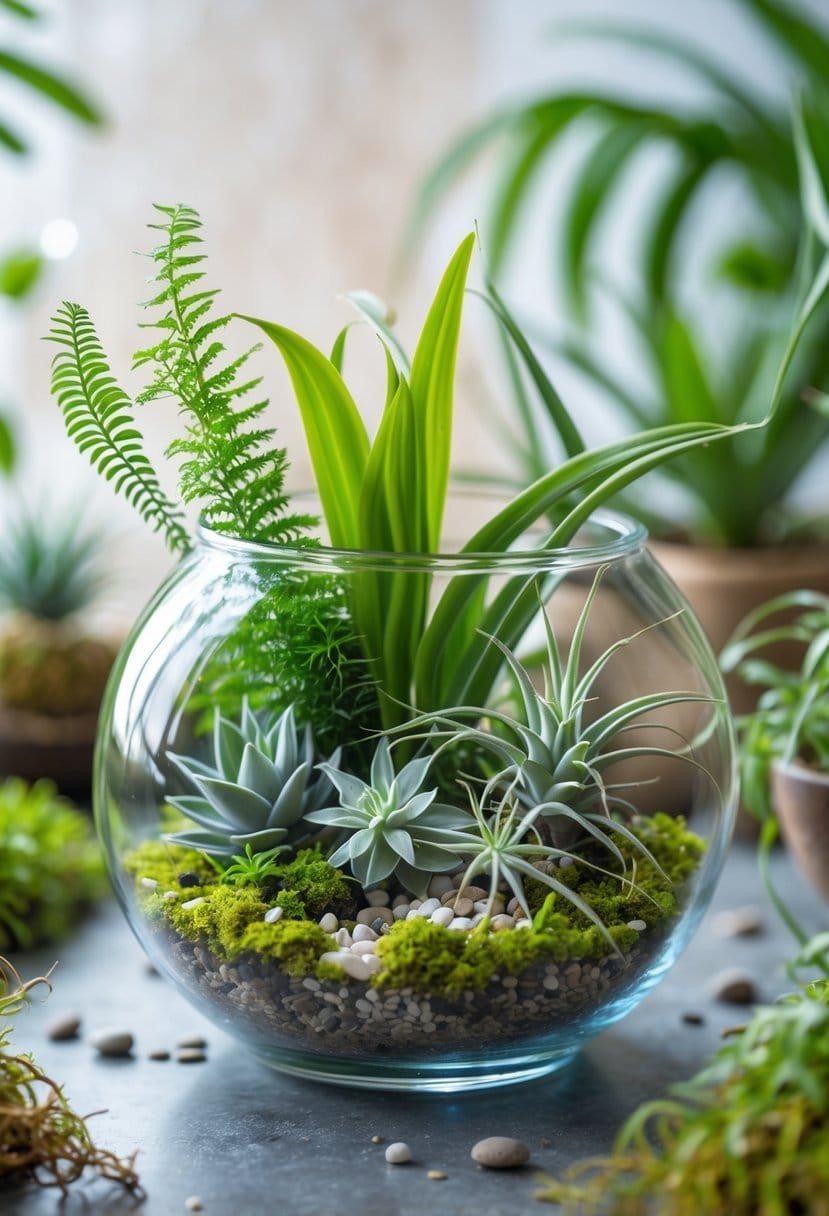 A clear glass terrarium containing small green plants like ferns, succulents, and moss on a bed of pebbles.