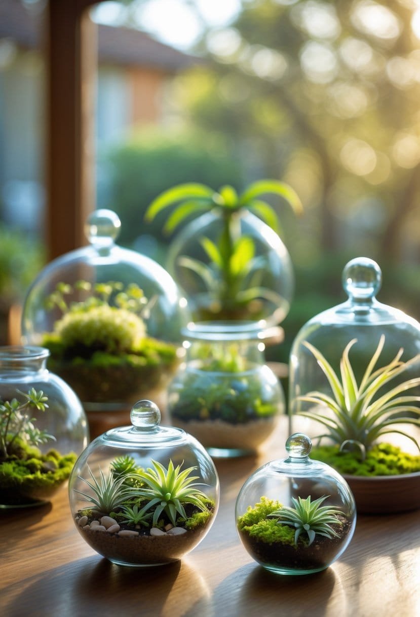A collection of various glass terrariums containing small green plants like succulents, air plants, moss, and ferns displayed on a wooden surface.