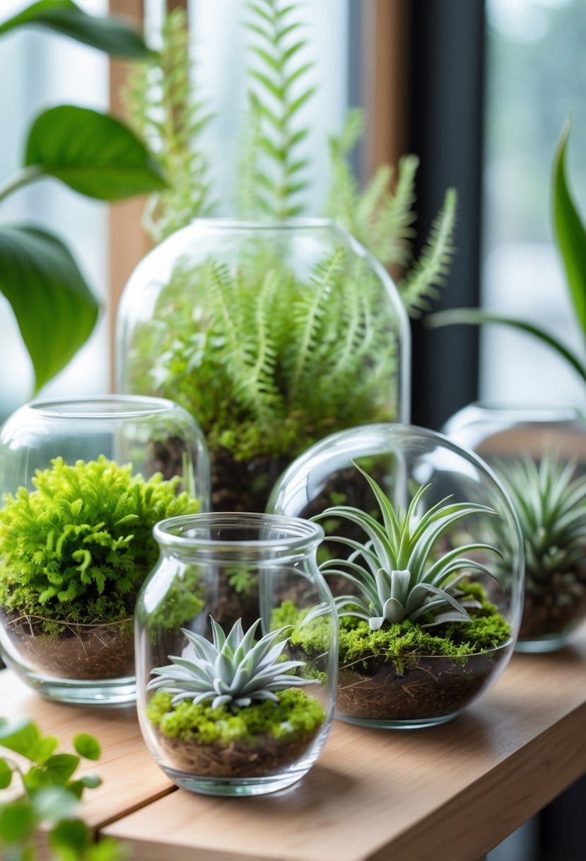 Various easy-to-care-for terrarium plants in clear glass containers on a wooden surface with natural light.
