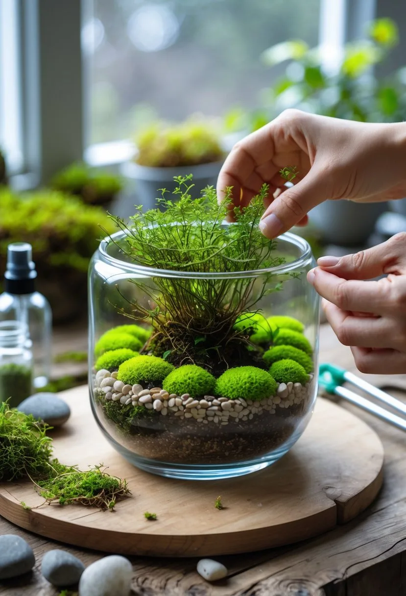 Hands assembling a moss terrarium in a glass container on a wooden table with gardening tools and natural materials around.