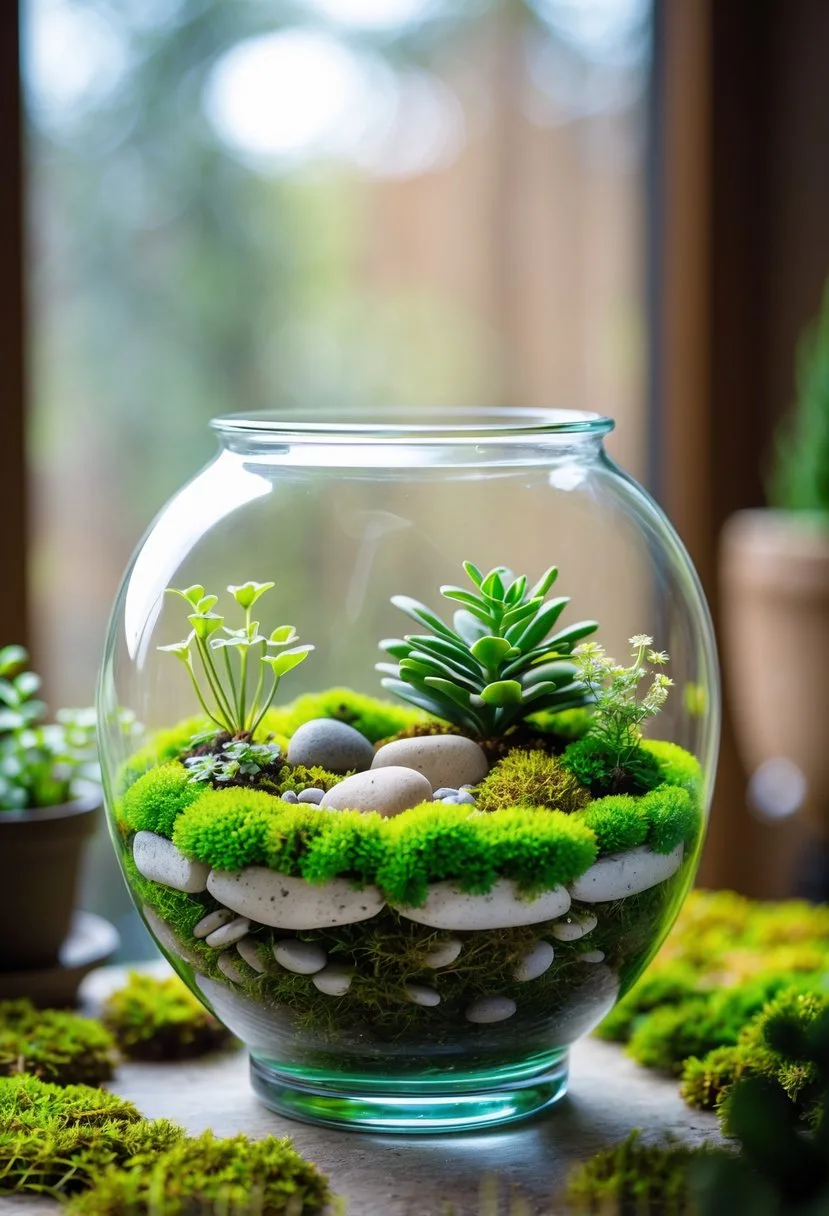 A clear glass container filled with green moss, small plants, and decorative stones arranged as a terrarium.