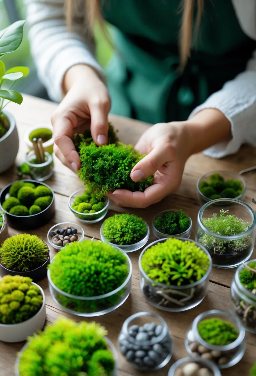 Hands selecting different types of green moss on a wooden table with gardening tools and glass terrariums.