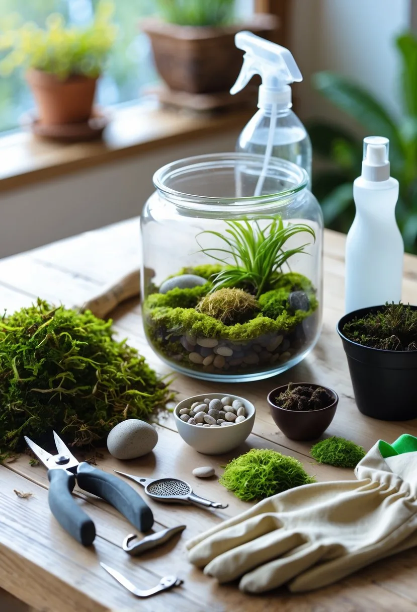 A table with materials and tools for making a moss terrarium, including moss, stones, soil, a glass container, spray bottle, gloves, trowel, tweezers, and scissors.