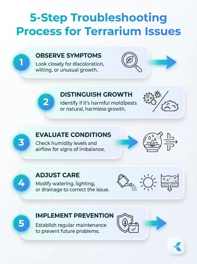 Five-step troubleshooting guide for diagnosing and solving common terrarium issues. Use this process to keep your terrarium healthy.