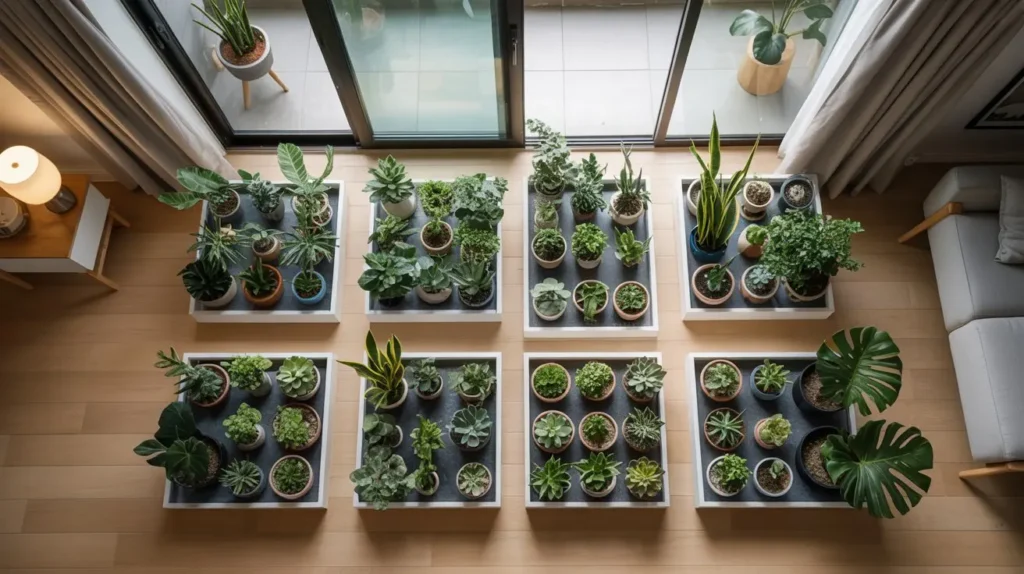 Overhead representation of a bento box apartment garden