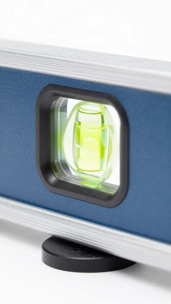 bubble level resting on mounted backing panel, closeup