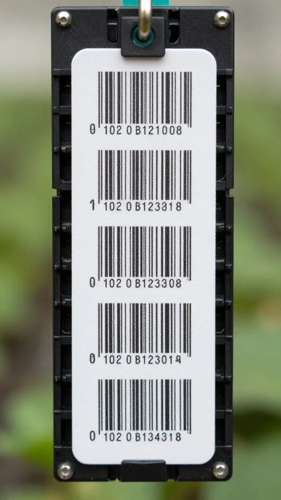 closeup of barcode-labeled plant module ready to hang