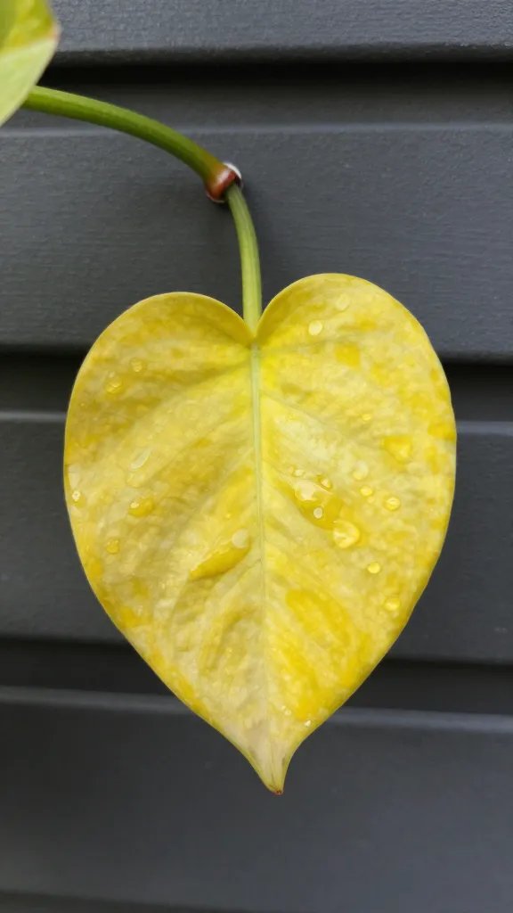closeup of yellowing pothos leaf on living wall panel