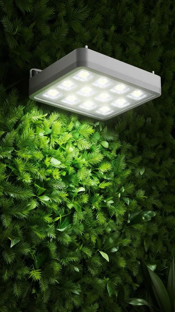 single LED grow light head over green wall foliage