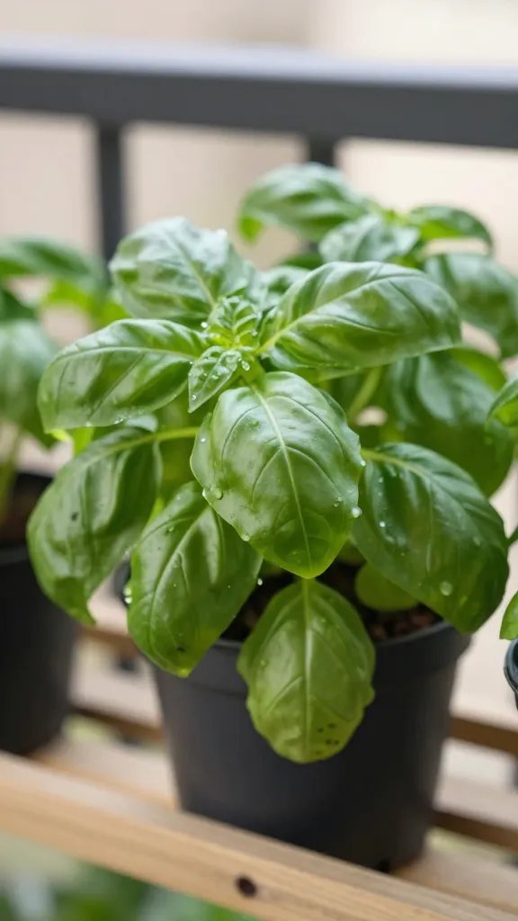 closeup basil plant on balcony shelf in winter shade