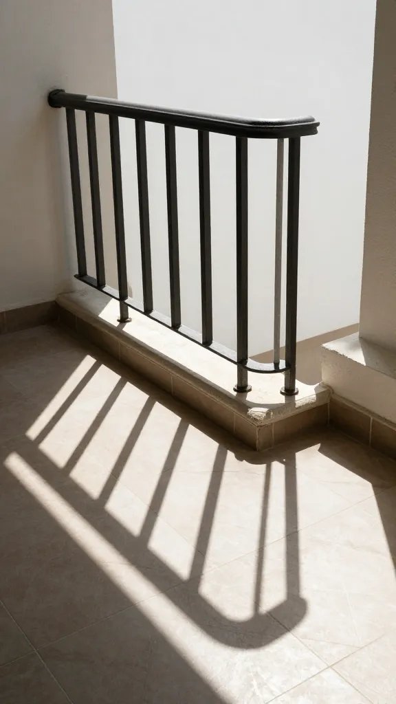 single balcony railing casting sharp noon shadow on tiles