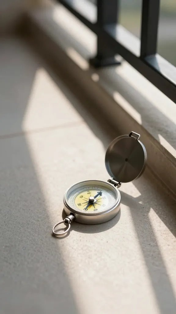 handheld compass on balcony floor beside sunlit stripe