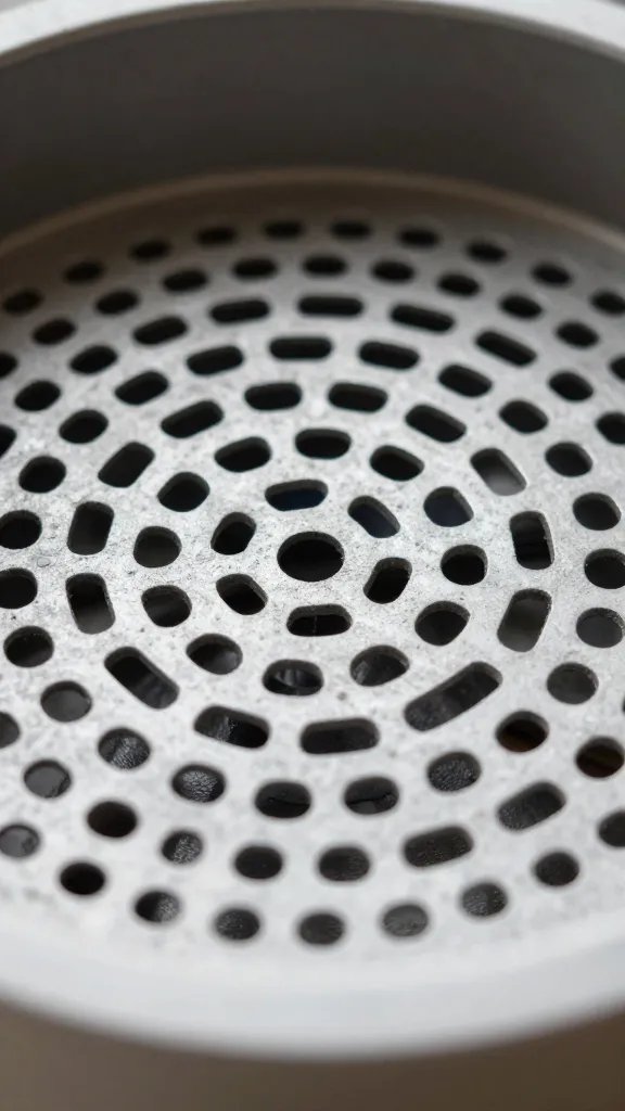 closeup of perforated flow spreader disc inside tower planter