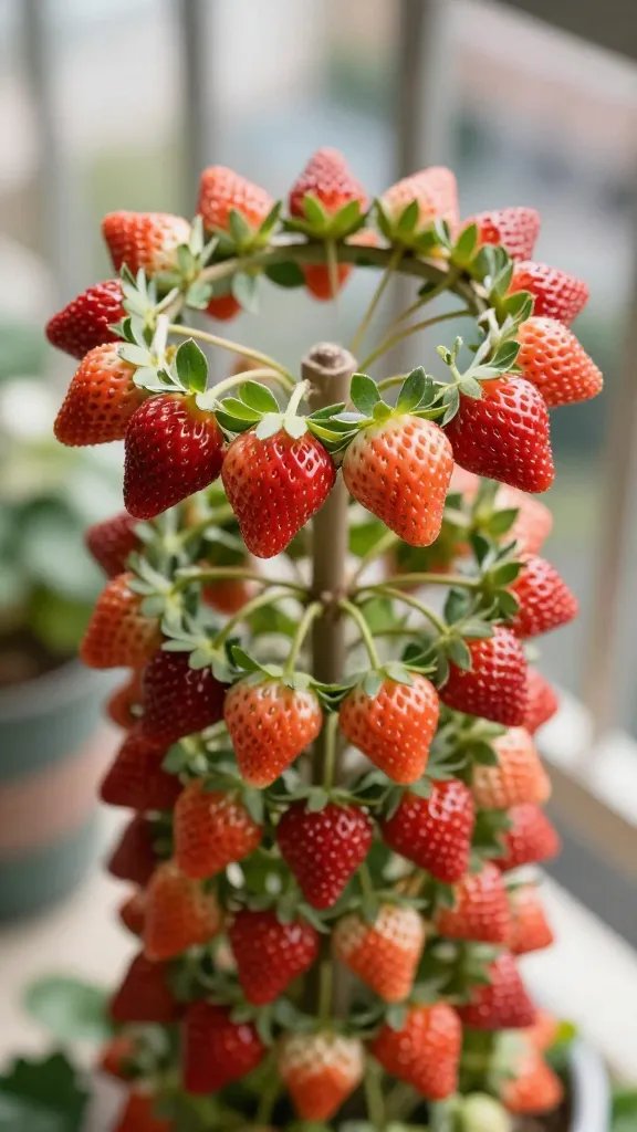 wind-bent strawberry crown in balcony tower, closeup