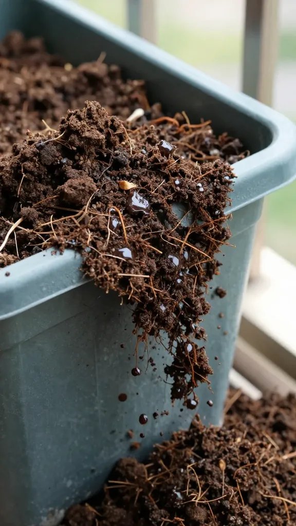 closeup of waterlogged plastic balcony planter overflowing soil