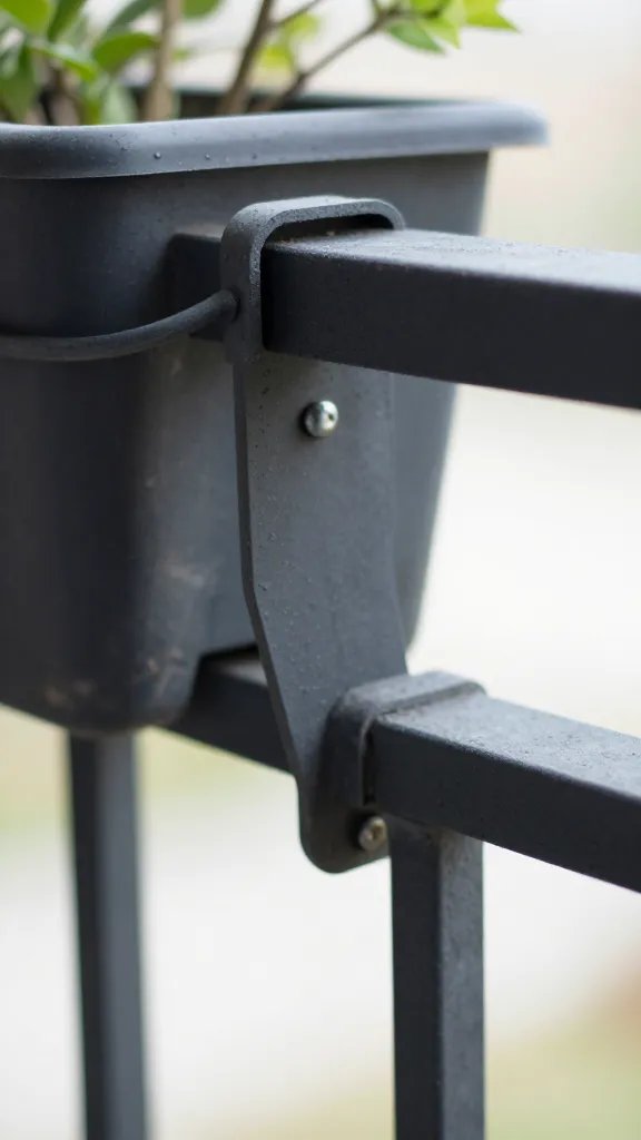 closeup of balcony railing bracket under planter strain