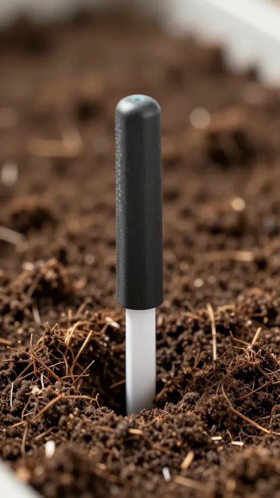 single moisture meter inserted in planter soil