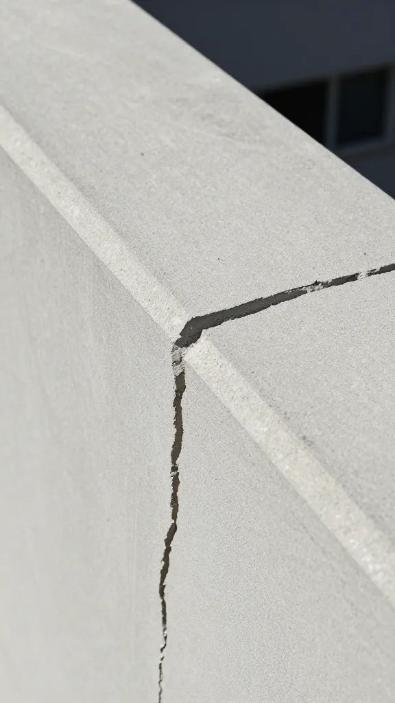 cracked concrete balcony edge hairline fissure closeup