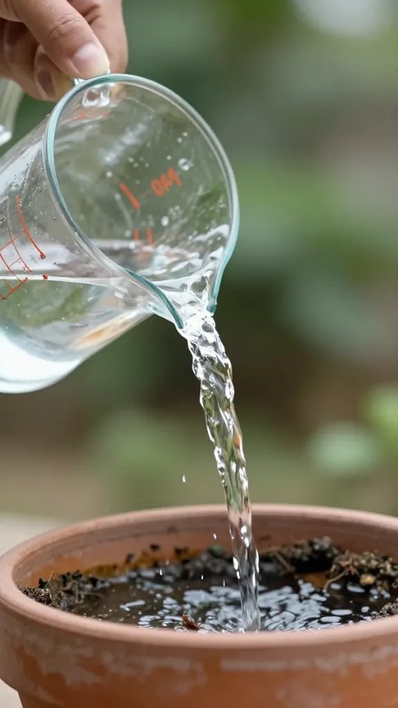 1-liter measuring jug pouring water into planter