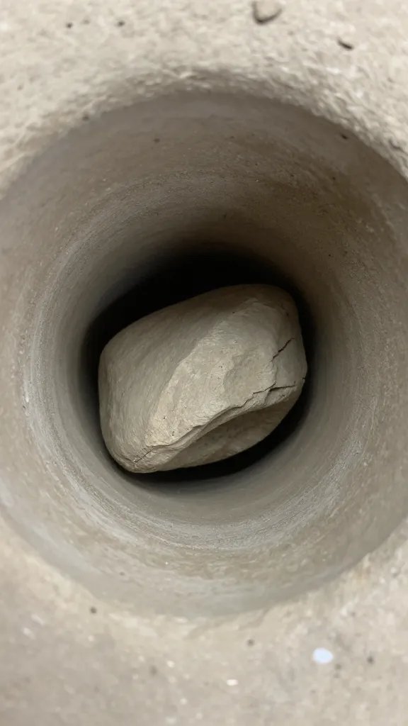 closeup of drainage hole with single clay shard inside
