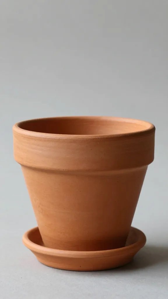 single unglazed terracotta pot on saucer, side lighting