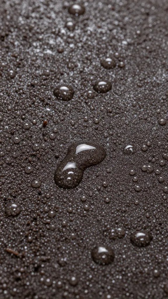 closeup of water beading on hydrophobic peat surface