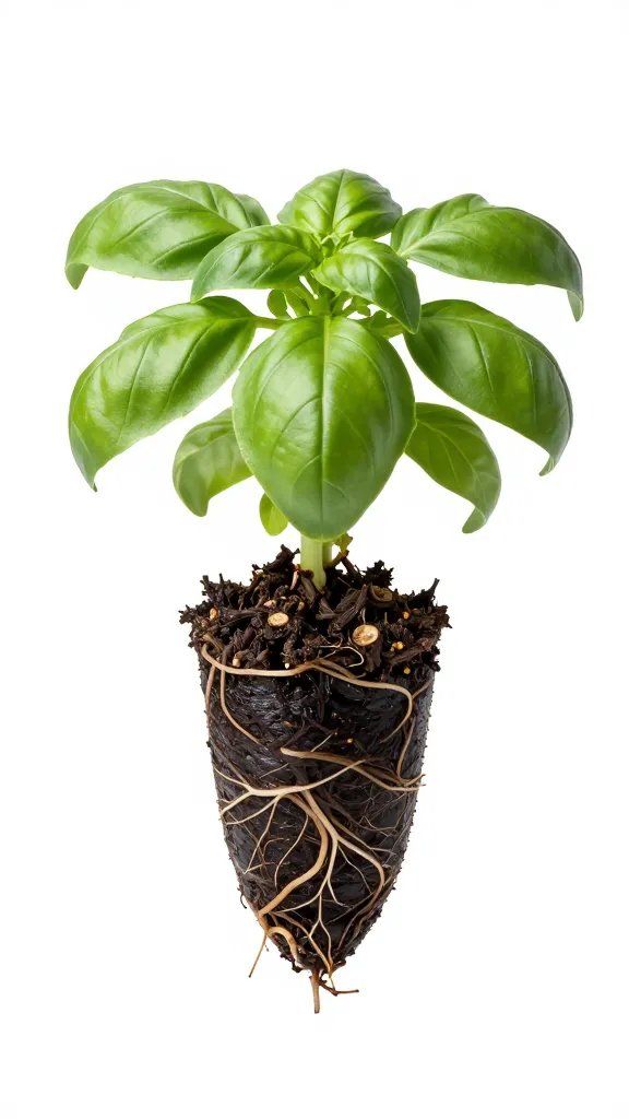 rootbound basil plug with saturated dark lower roots