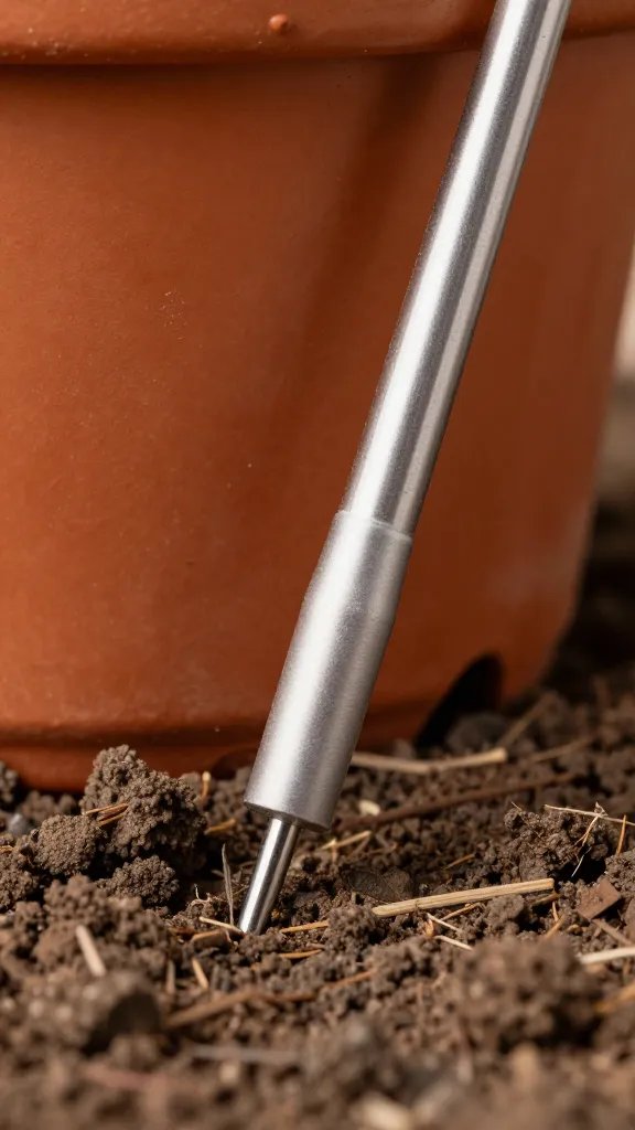 moisture meter probe inserted near pot bottom edge