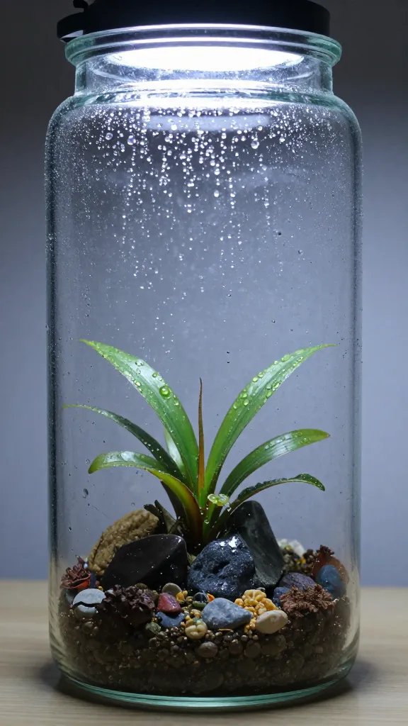 closed glass terrarium with visible condensation droplets